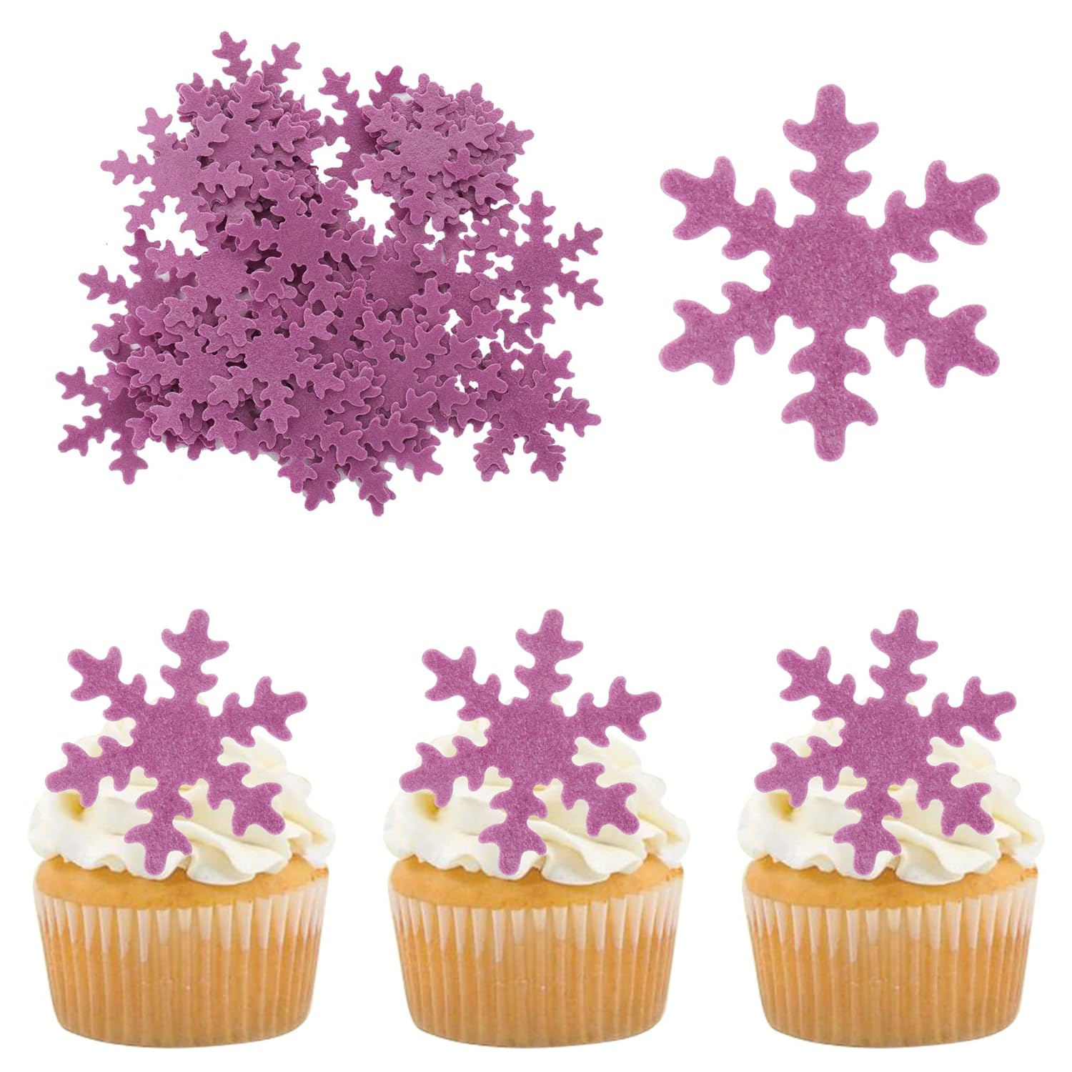 Gyufise 50Pcs Purple Edible Cupcake Toppers Snowflakes Cake Toppers Snowflakes Cake Decoration Winter Frozen Birthday Party Supplies