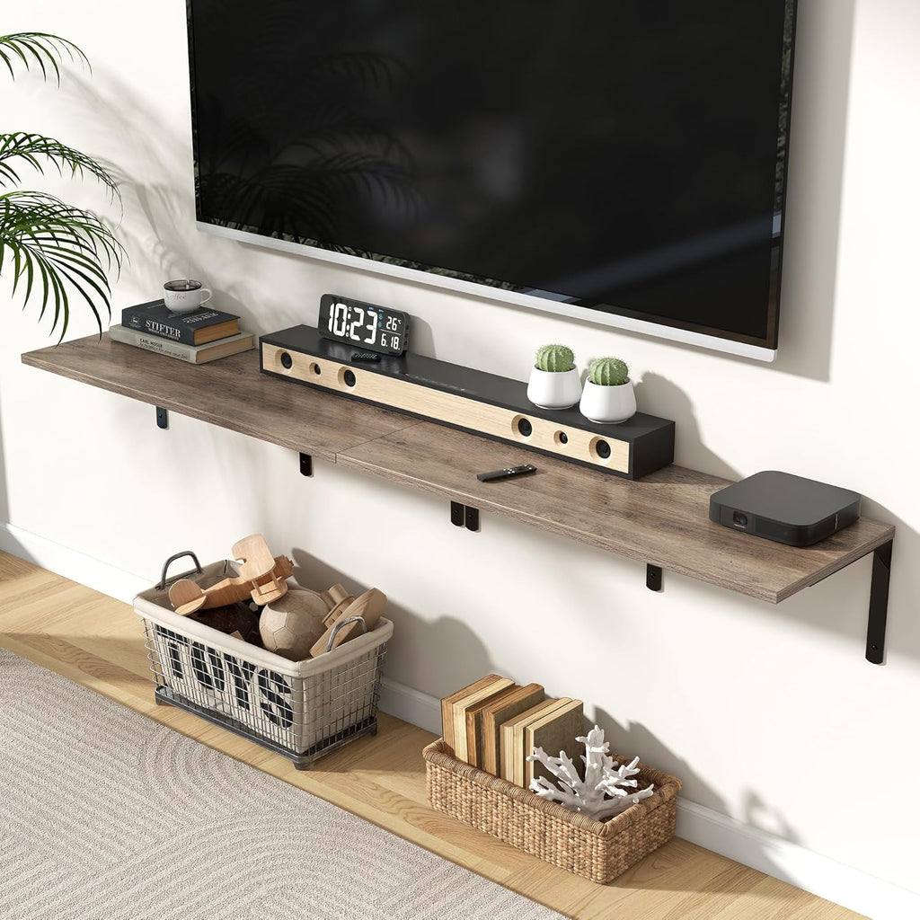 Fun Memories Floating Shelves for Wall, 12 Inch Deep Floating Shelves Set of 2, Wall Mounted Shelf with Metal Brackets, Rustic Wood Wide Shelf for Bathroom, Kitchen and Living Room, Grey, 36W x 12D