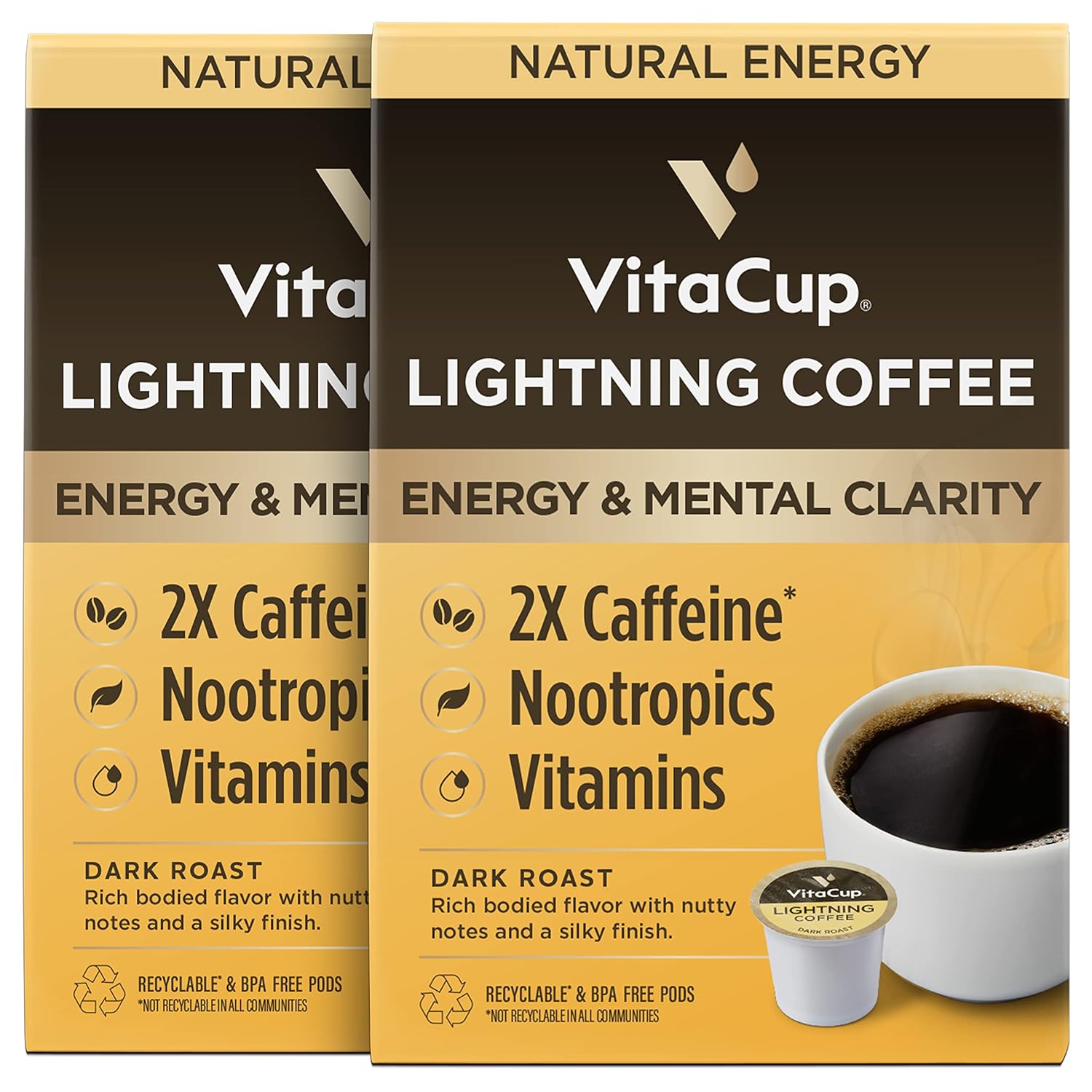 VitaCup Lightning Coffee Pods, for Memory & Focus w/ 2X Caffeine, Green Coffee Bean, B Vitamins, D3, Strong Dark Roast, Recyclable Single Serve Pod Compatible with Keurig K-Cup Brewers,32 Ct