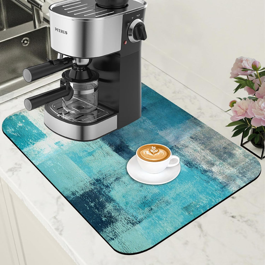 Teal and Grey Abstract Art Dish Drying Mat for Kitchen Counter Coffee Bar Mat Hide Stain Absorbent Rubber Backed Drying Rack Pad Espresso Machine Coffee Bar Accessories 11.8 x 19.7 Inch
