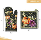Maison d' Hermine 100% Cotton Oven Mitt & Pot Holder Set (7.5"x13" & 8"x8") Heat Resistant BBQ Cooking Gloves with Loop, Baking, Grilling, Kitchen, Handling Hot Pans (Pumpkin Garden - Dark Green)