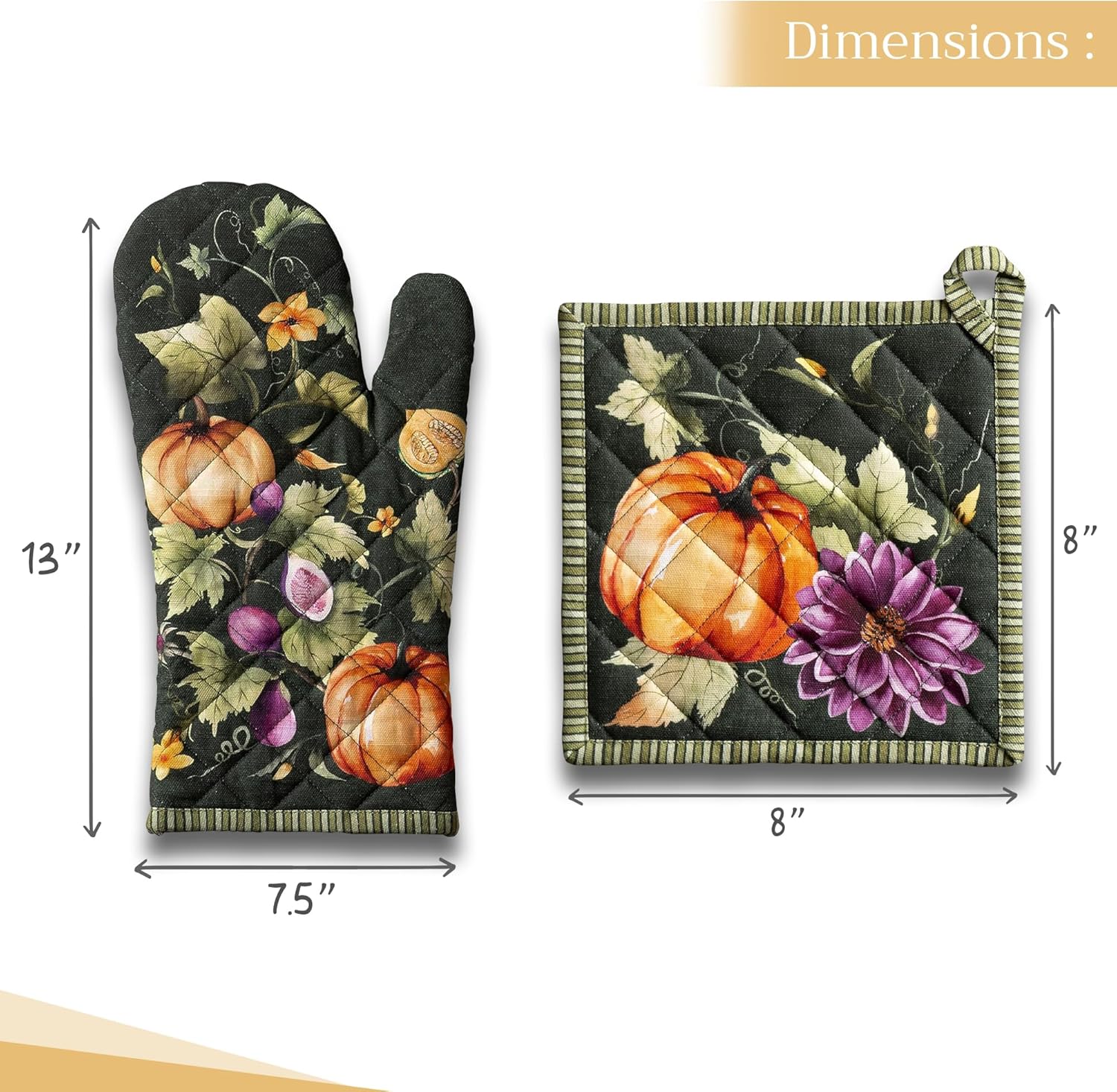 Maison d' Hermine 100% Cotton Oven Mitt & Pot Holder Set (7.5"x13" & 8"x8") Heat Resistant BBQ Cooking Gloves with Loop, Baking, Grilling, Kitchen, Handling Hot Pans (Pumpkin Garden - Dark Green)