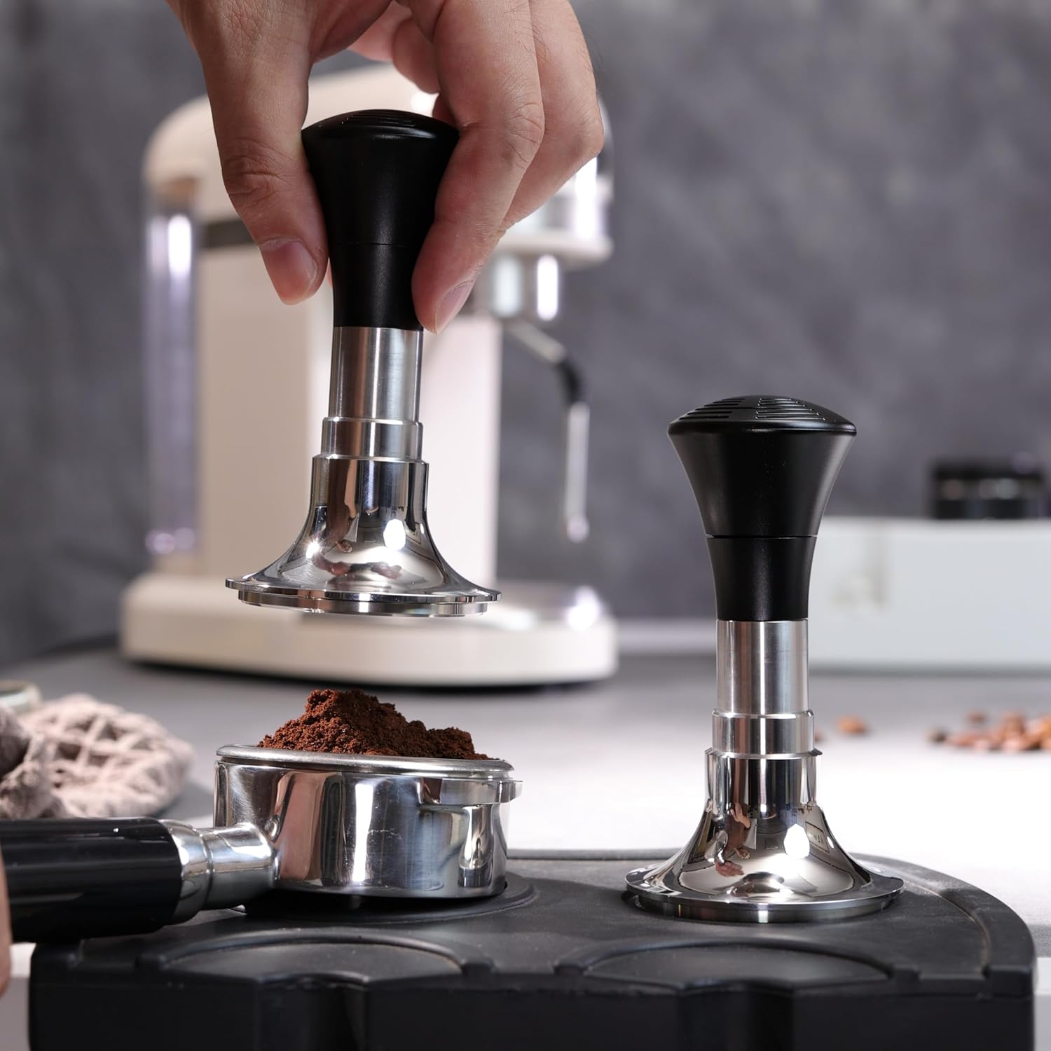 54mm Espresso Tamper with Calibrated Spring Loaded for Ninja Luxe Café/Breville -【24lb~35lbs Self-Adjustable with Sound Feedback】- Self Leveling Stainless Steel Ripple Base - Black