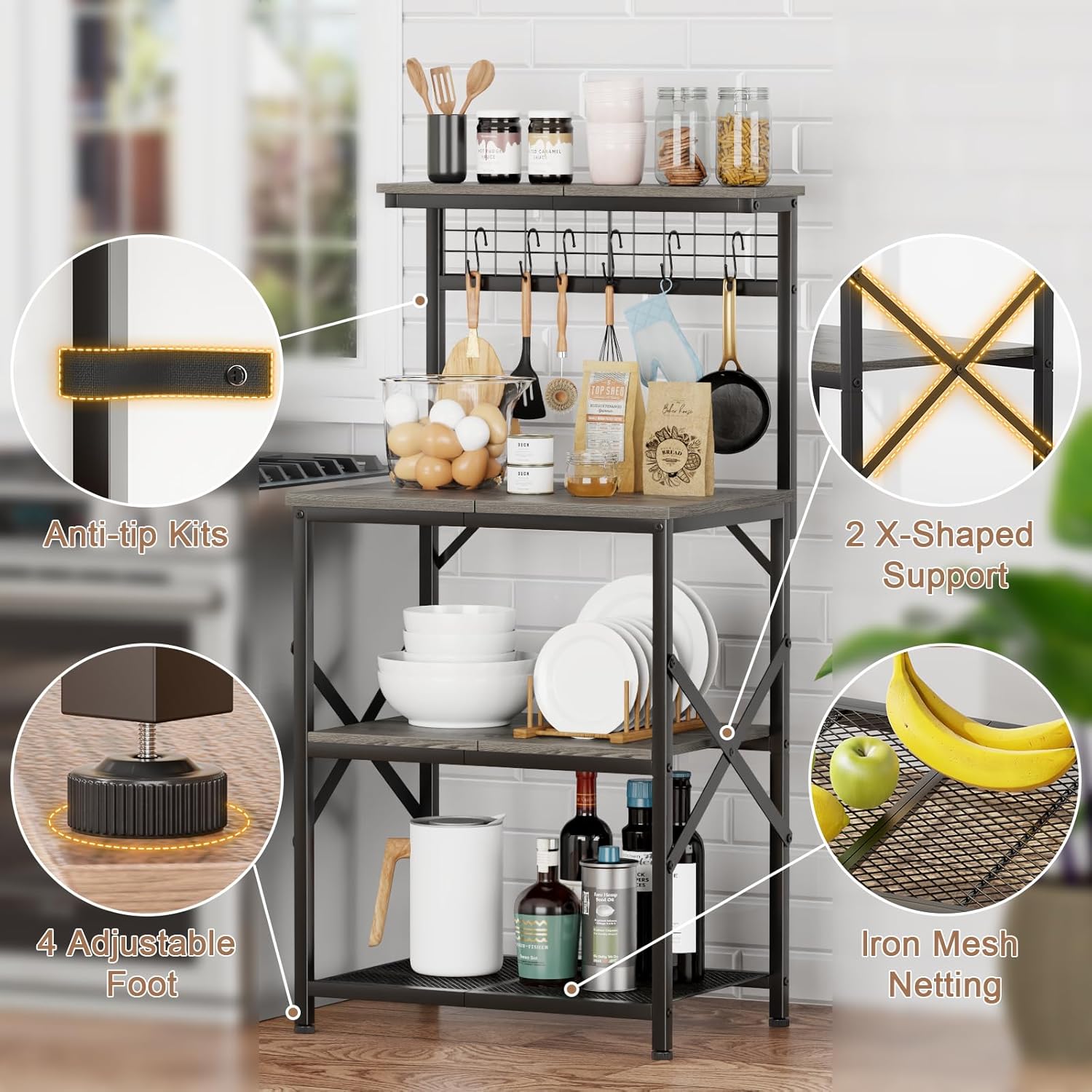 Furologee Kitchen Bakers Rack, Microwave Stand with Storage 4 Tiers, Coffee Bar Station with 6 S Hooks and Pegboard, Kitchen Shelves Rack for Spices, Pots, Black Oak