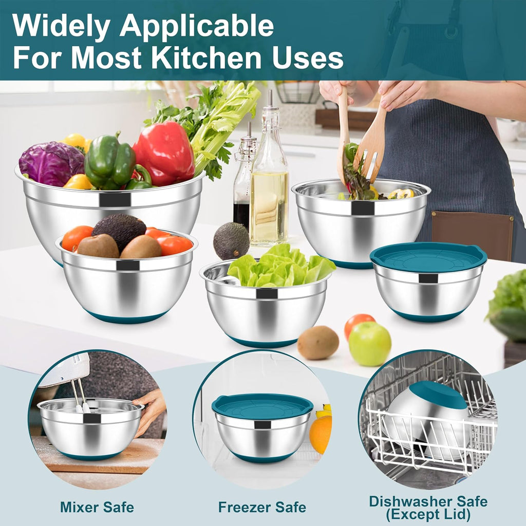 TeamFar Mixing Bowls, Stainless Steel Nesting Salad Bowl with Lids & 3 Graters, For Kitchen Cooking Serving Prepping, Airtight & Non-Slip, Size 4.6/3.5/2/1.5/1/0.7 QT, Set of 5 & Blue