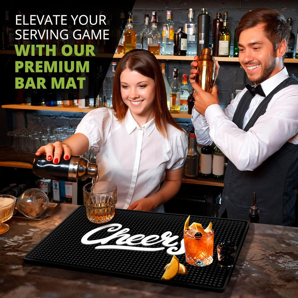 Premium Cheers Bar Mat for Home Bar - Large 18"x12" Rubber Bar Mats for Countertop - Non-Slip Bartender Mat - Drink Spill Mat for Bar Cart - Black Barmat for Cocktail Service