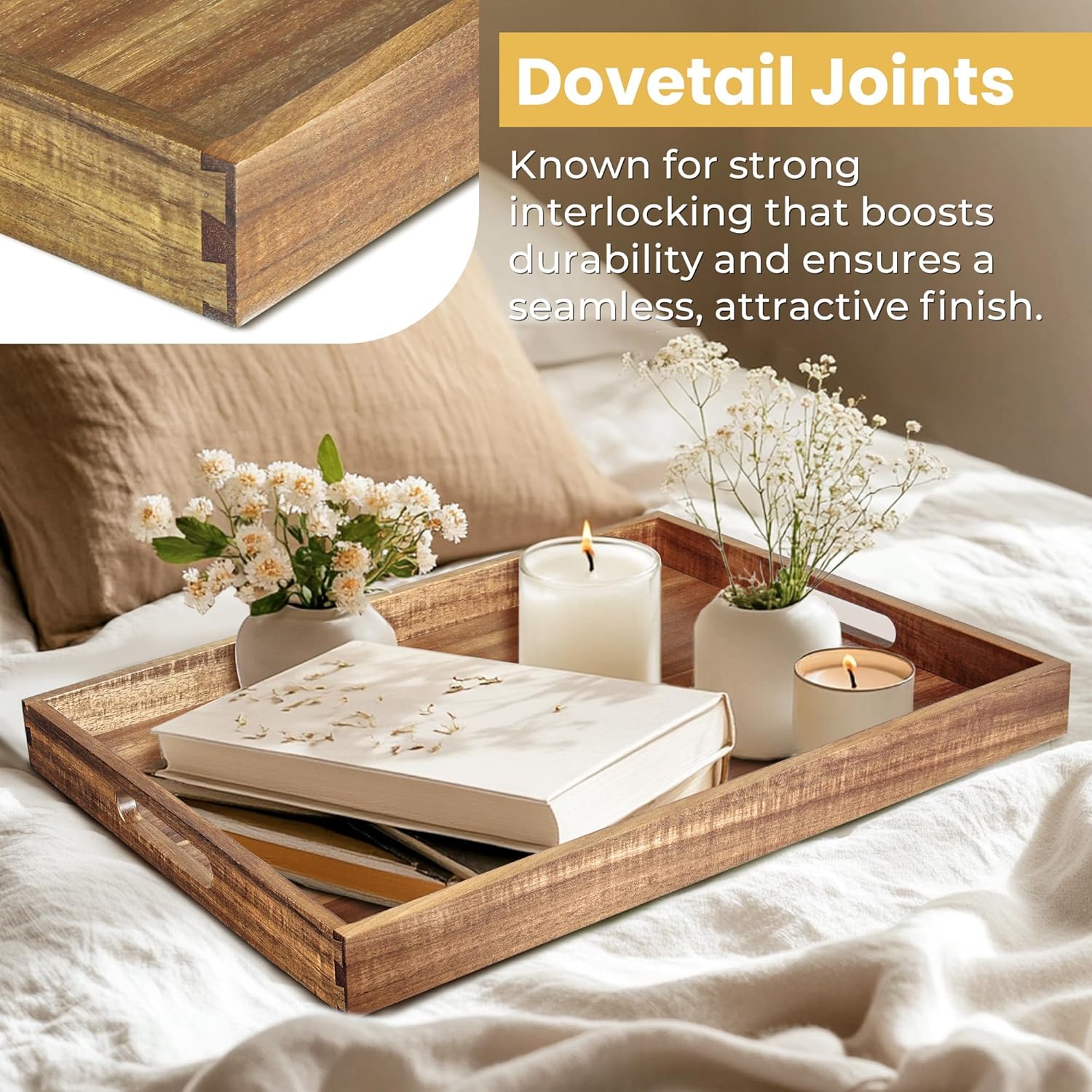 Acacia Wood Serving Tray with Handles（17 Inch） – Decorative Wooden Tray for Breakfast in Bed, Kitchen, or Serving on Couch, Coffee Table, Ottoman for Living Room, and More