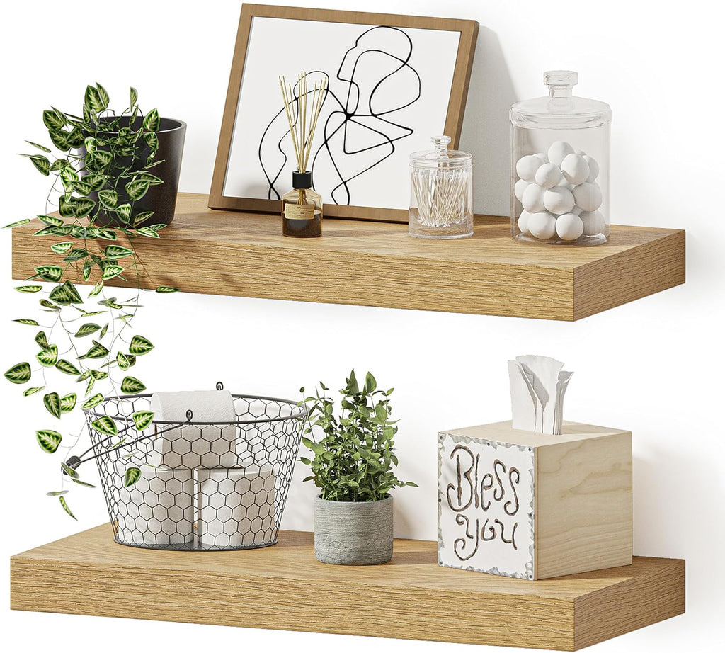 Vivelove Floating Shelves for Wall Mounted, 16 inchs Shelf for Small Bathroom, Bedroom, Living Room, Kitchen, Modern Home Decor, Rustic Farmhouse Wall Shelves with Invisible Brackets - Set of 2, Oak