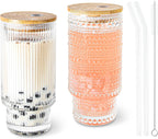 16oz Drinking Glasses Cups Set of 2 with Bamboo Lids Straws Brush Vintage Glassware Set for Mojito Iced Coffee Beer Cocktail Whiskey(Ribbed & Hobnail)