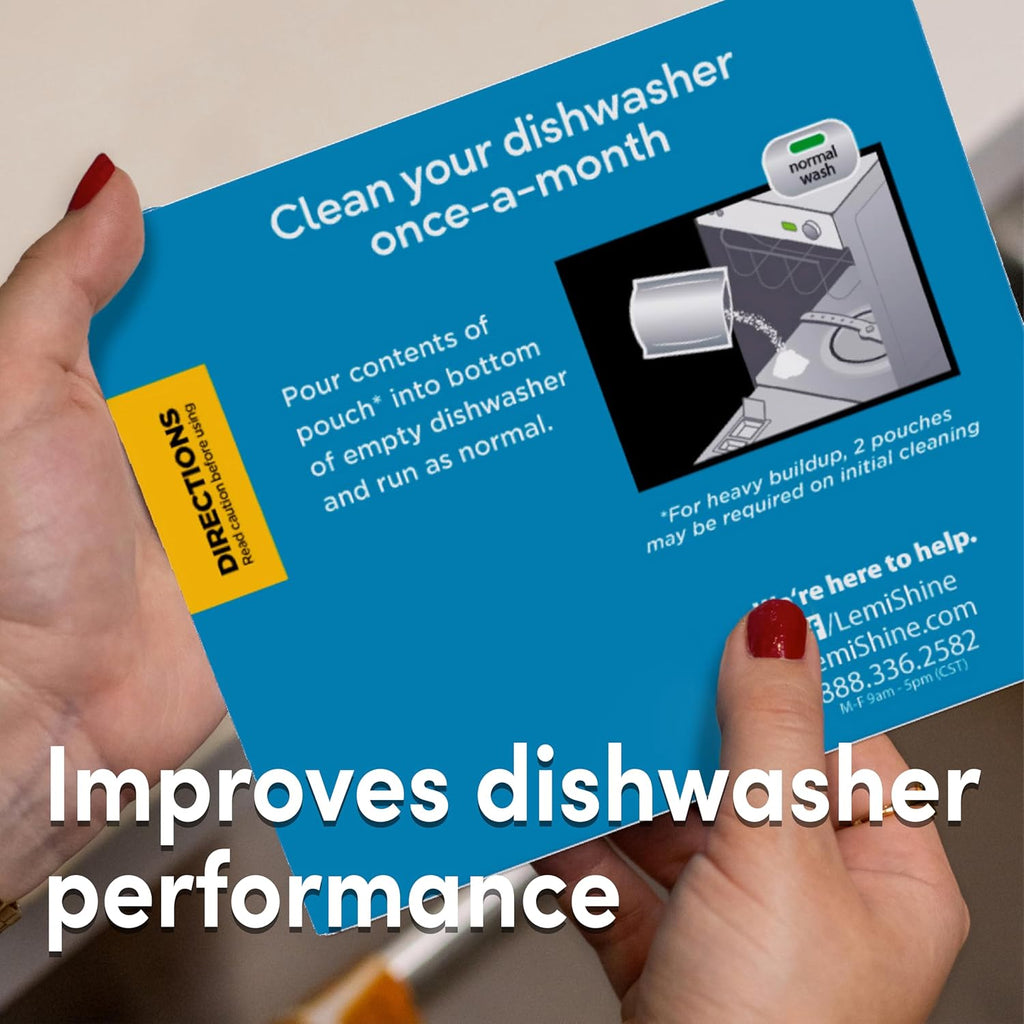 Lemi Shine Natural Dishwasher Cleaner Powered By Citric Acid | 100% Guaranteed Hard Water Cleaning Powder | Eco-Friendly Dishwasher Cleaner and Deodorizer With Fresh Lemon Scent (8 Count)