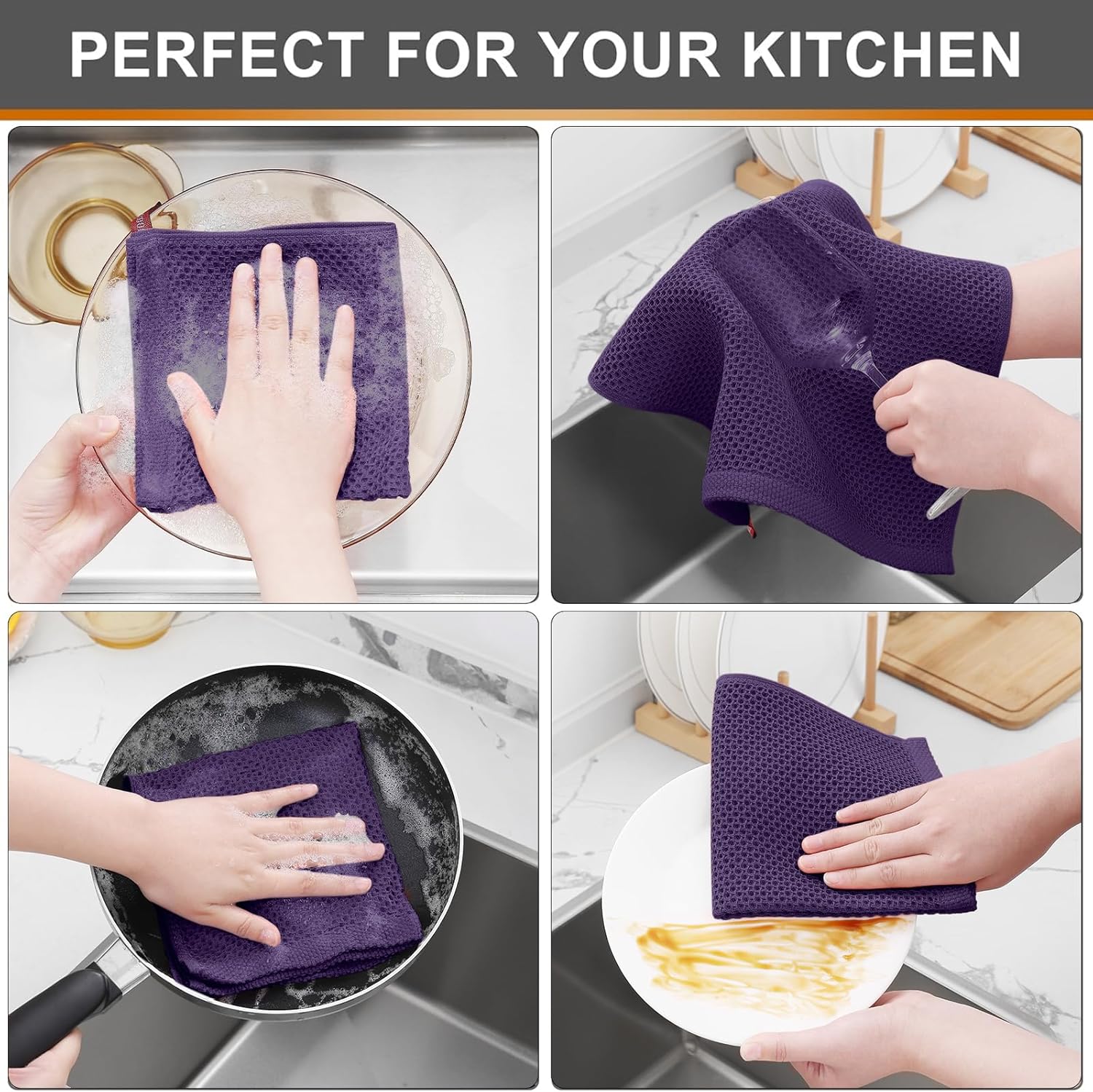 Kitinjoy 100% Cotton Kitchen Dish Cloths (12 X 12 Inches, Eggplant),6 Pack Waffle Weave Ultra Soft Absorbent Dish Towels for Drying Dishes Quick Drying Kitchen Towels Dish Rags