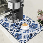 Blue Damask Flower Dish Drying Mat for Kitchen Counter Coffee Bar Mat Hide Stain Absorbent Rubber Backed Drying Rack Pad Espresso Machine Coffee Bar Accessories 15.7 x 23.6 Inch