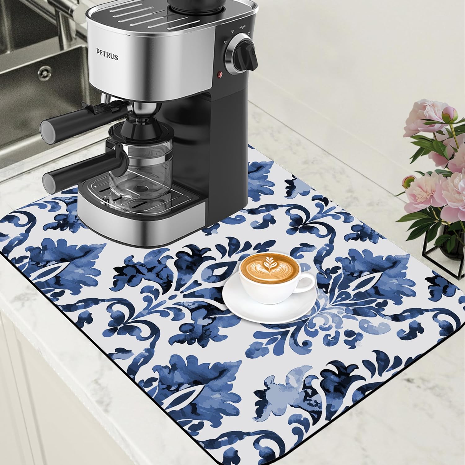 Blue Damask Flower Dish Drying Mat for Kitchen Counter Coffee Bar Mat Hide Stain Absorbent Rubber Backed Drying Rack Pad Espresso Machine Coffee Bar Accessories 15.7 x 23.6 Inch