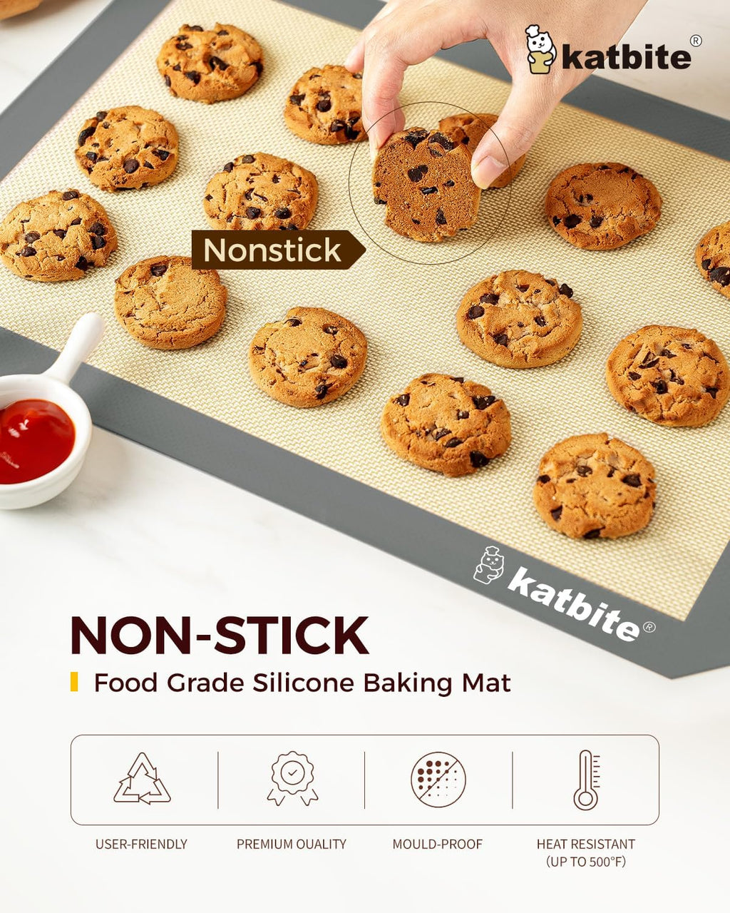 Silicone Baking Mat, Katbite Large Baking Mat Set of 3-2 Half Sheets Mats (11 5/8" x 16 1/2") + 1 Quarter Baking Sheets, Reusable & Nonstick Bakeware Mats for Cookies, Macarons, Bread and Pastry