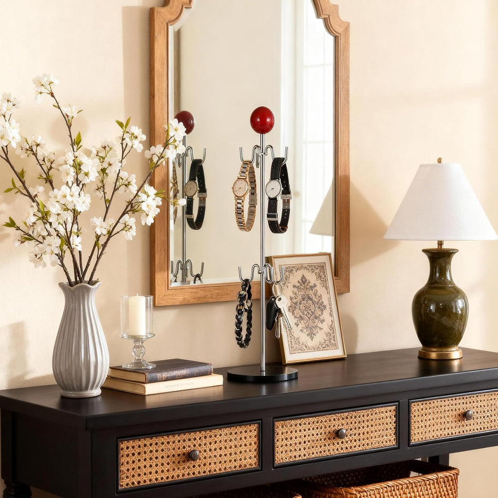 Mug Holder,6 Hooks Coffee Mug Tree for Counter,No Assembly Metal Cup Holder with Stable Acrylic Base,Mug Rack for Coffee Bar Accessories,Red