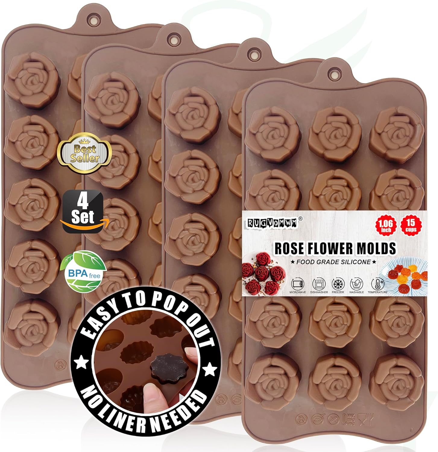 Rose Flower Shaped Silicone Chocolate Molds，BPA Free & Non-stick Silicone Tray for Hard Candy Caramels Jello Gummy Truffles Ice Cubes Soap - 4 Pack