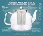 Teabloom Dublin Glass Teapot – Premium Borosilicate Glass with Removable Stainless Infuser – Stovetop Safe – Ideal for Loose Leaf Tea – Tea for Two – 27 oz. / 800 ml (2-3 Cups)