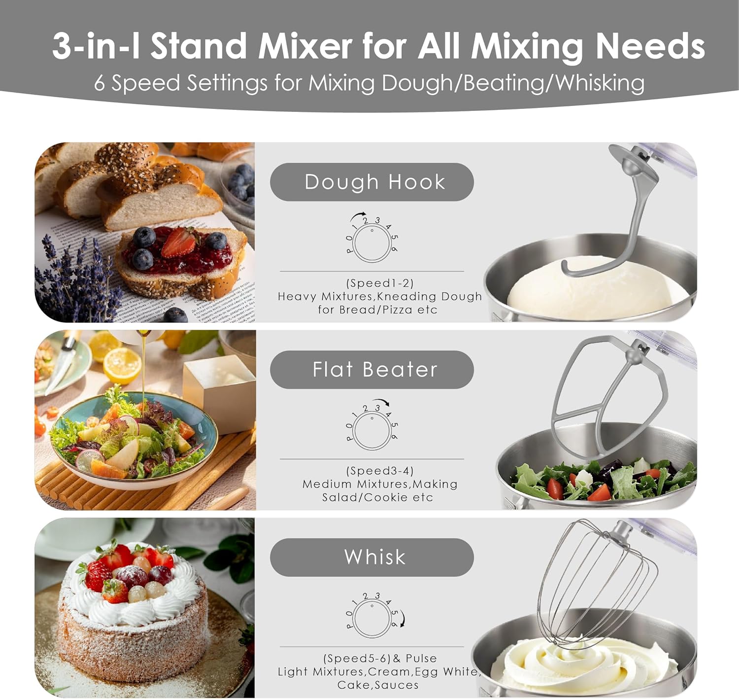 Kitchen in the box Stand Mixer - 900 Watt Heavy Dough Standing Mixers with 6.5 Quart Mixing Bowl, Tilt-head, Dough Hook, Whisk, Flat Beater and Splash Guard (White)