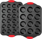 Tiawudi Muffin Pan, Nonstick Cupcake Pan Set, 2 Pack Heavy Duty Muffin Tins for Baking, 12-Cup Regular and 24-Cup Mini Bareware Tray with Silicone Grip Handles