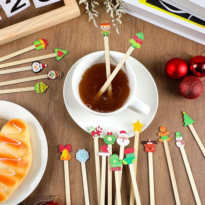 120 Pcs Christmas Wooden Coffee Stirrers Xmas Wood Coffee Stir Sticks Christmas Disposable Drink Stirring Sticks for Beverage Hot Chocolate Holiday Party Decor Restaurant Home Office Cafe, 20 Styles