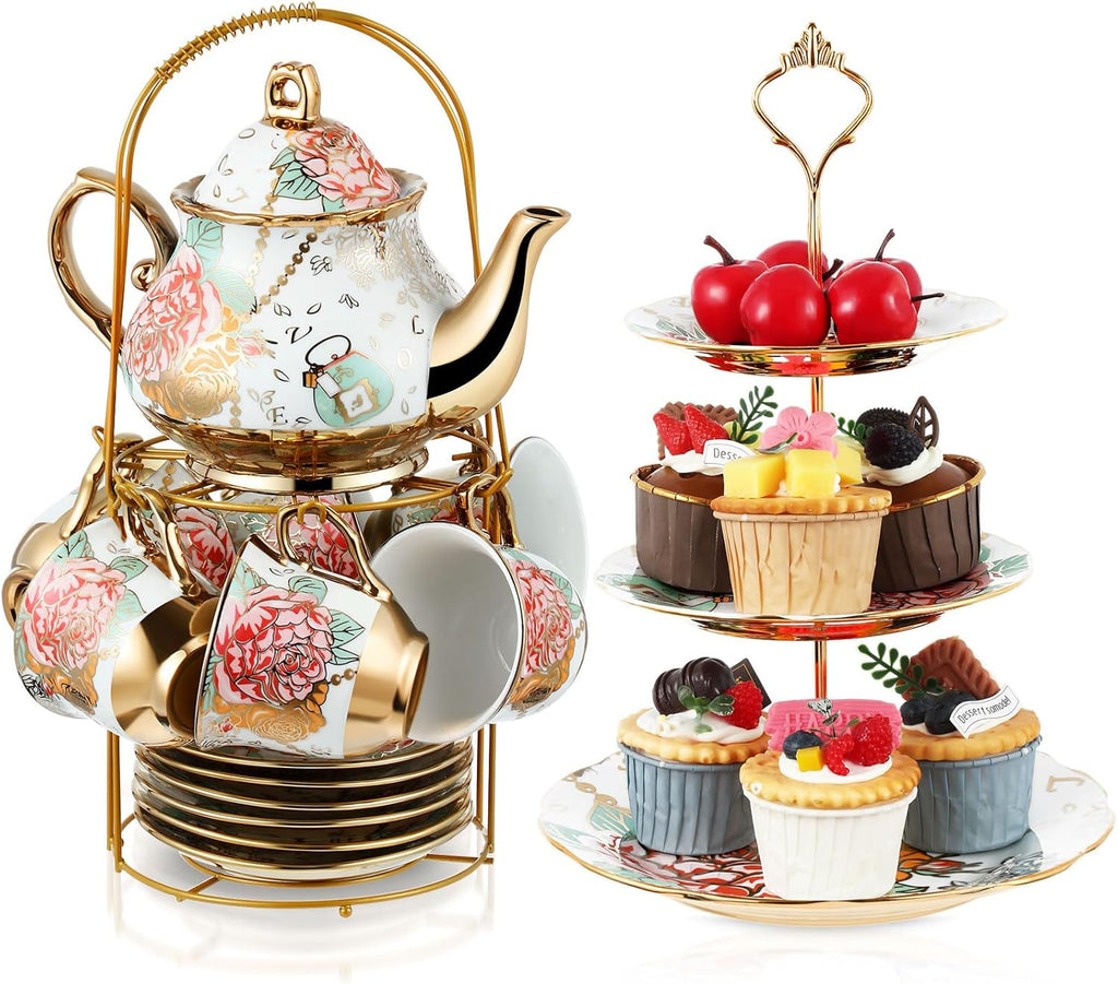 Maxcheck 21 Pcs Tea Party Set for Adults European Floral Tea Set with Metal Holder and 3 Tier Ceramic Cake Stand Porcelain Flower Cup Teapot for Dessert Cupcake(Elegant Style)