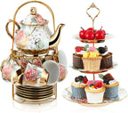 Maxcheck 21 Pcs Tea Party Set for Adults European Floral Tea Set with Metal Holder and 3 Tier Ceramic Cake Stand Porcelain Flower Cup Teapot for Dessert Cupcake(Elegant Style)
