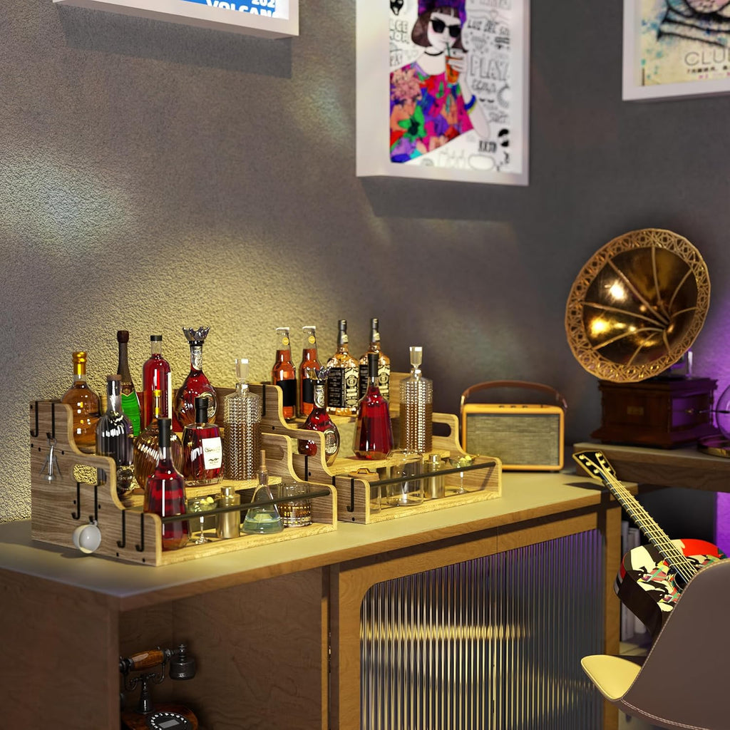 3-Tier Liquor Bottle Display Shelf, Bar Stand for Whiskey, Spirits, Coffee Syrup Rack Organizer, Countertop Wine Rack for Home, Mini Coffee Bar, Small Liquor Cabinet and Kitchen Light Brown