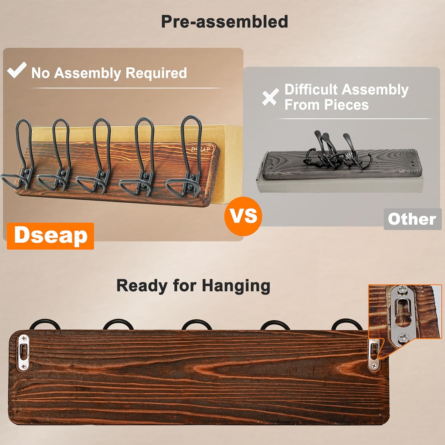 Dseap Coat Rack Wall Mounted - Heavy Duty Farmhouse Rustic Wall Coat Hanger with 5 Wire Hooks for Clothes Hat Jacket Towel, RusticWire, G25A, Black, Pack of 2