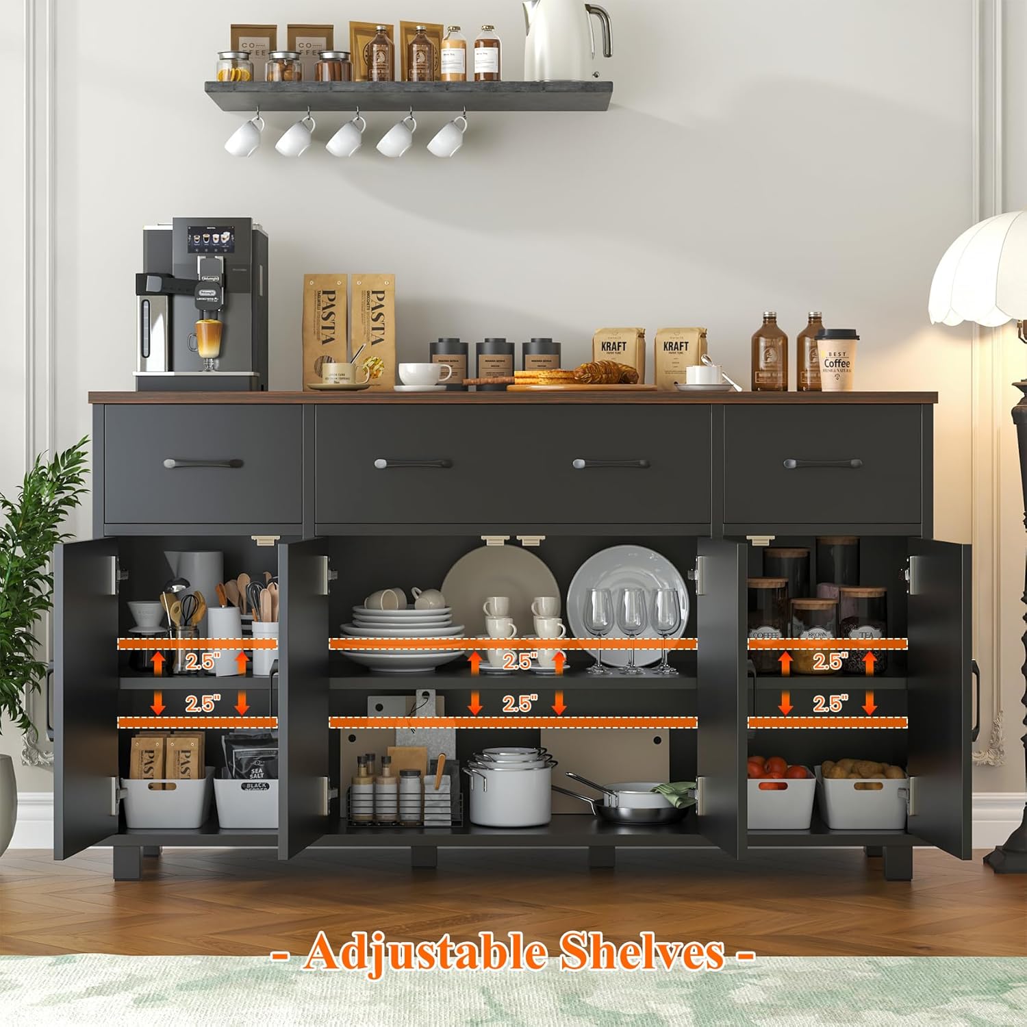 55" Sideboard Buffet Cabinet with Storage, Coffee Bar Cabinet with 3 Drawers and 4 Barn Doors, Long Storage Cabinet Modern Farmhouse, Black Wood, for Kitchen, Dining Room, Living Room