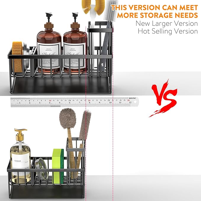 Cisily Extra Large Kitchen Sink Caddy Organzier with High Brush Holder, Sponge Holder for Sink, 304 Rustproof Stainless, Kitchen Countertop Soap Dispenser Organizer For Decor and Accessories