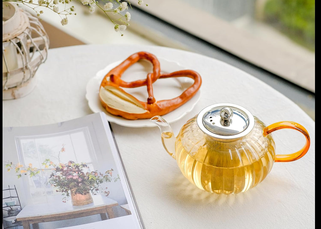 Glass Teapot 33.8oz/1000ml, Glass Tea Kettle with Removable Infuser, Pumpkin Shape Hand Blown Teapot for Blooming Flower Tea and Loose Leaf, Tea Lover's Choice