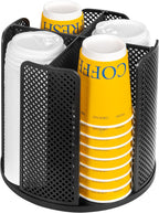 4-Compartment Rotating Paper Cup Holder & Coffee Cup Lid Storage Dispenser, Plastic Cup Dispenser Removable, Space-Saving Countertop Cup Holder for Coffee Bars, Kitchens (Black)