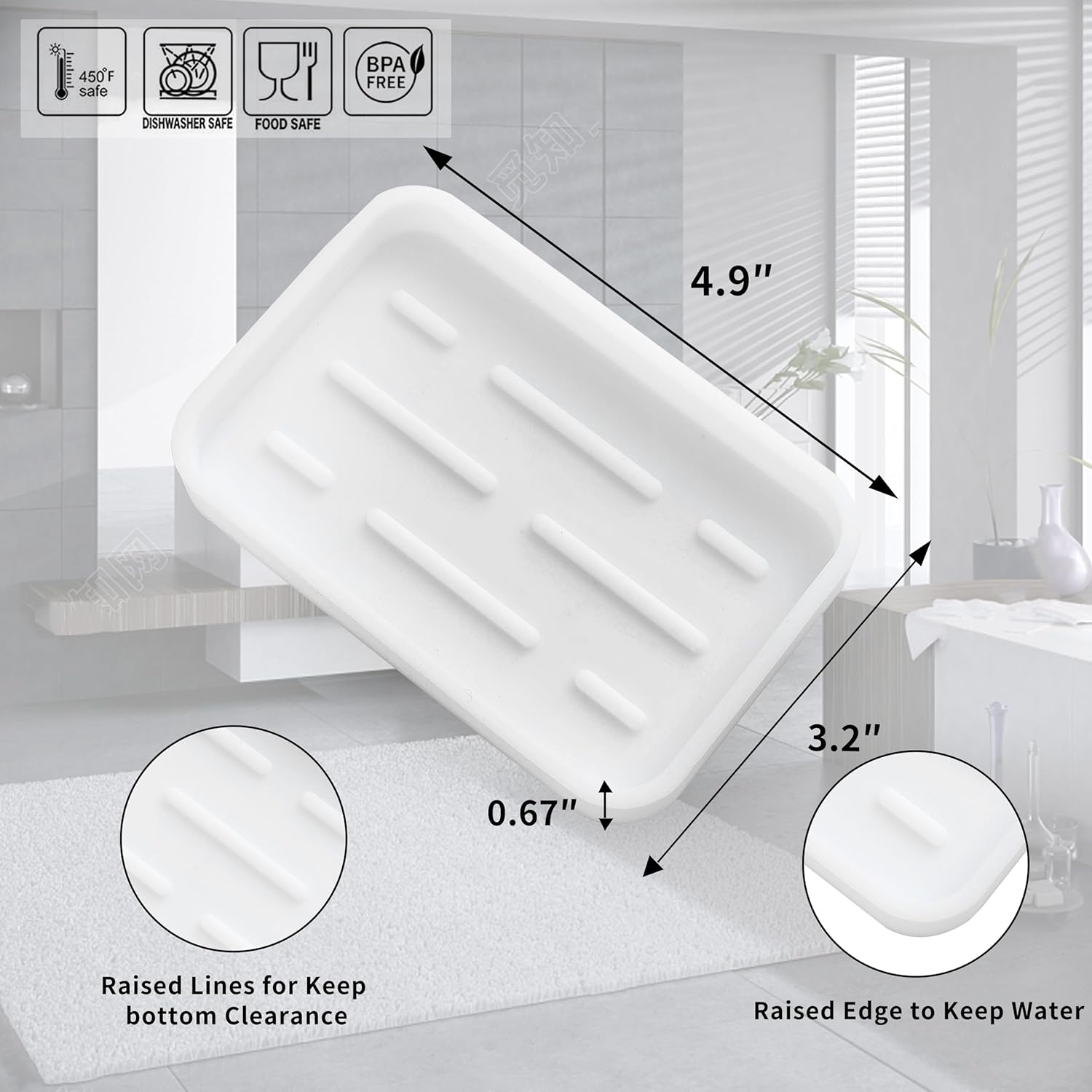 Silicone Kitchen Sink Organizer Tray for Multiple Usage,Easy Clean Sponges Holder for Kitchen Bathroom Counter or Sink,Dish Soap Dispenser,Scrubber,Bottle,Cup White 4.9”x 3.2”