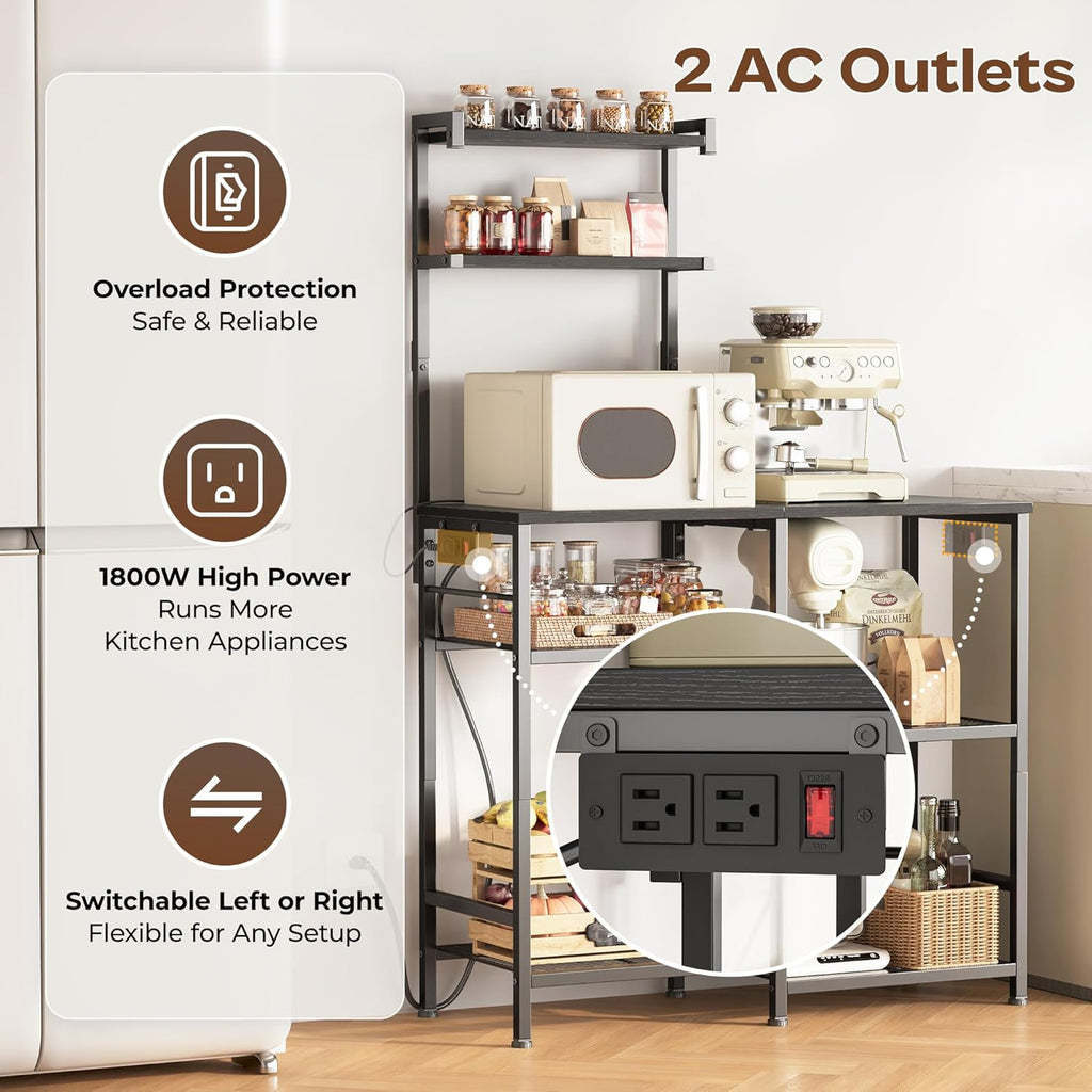 Huuger 31.5 Inch Bakers Rack with Power Outlets, Kitchen Microwave Stand with Storage, Coffee Bar with 4 Hooks, 3-Level Height Open Shelves, Black