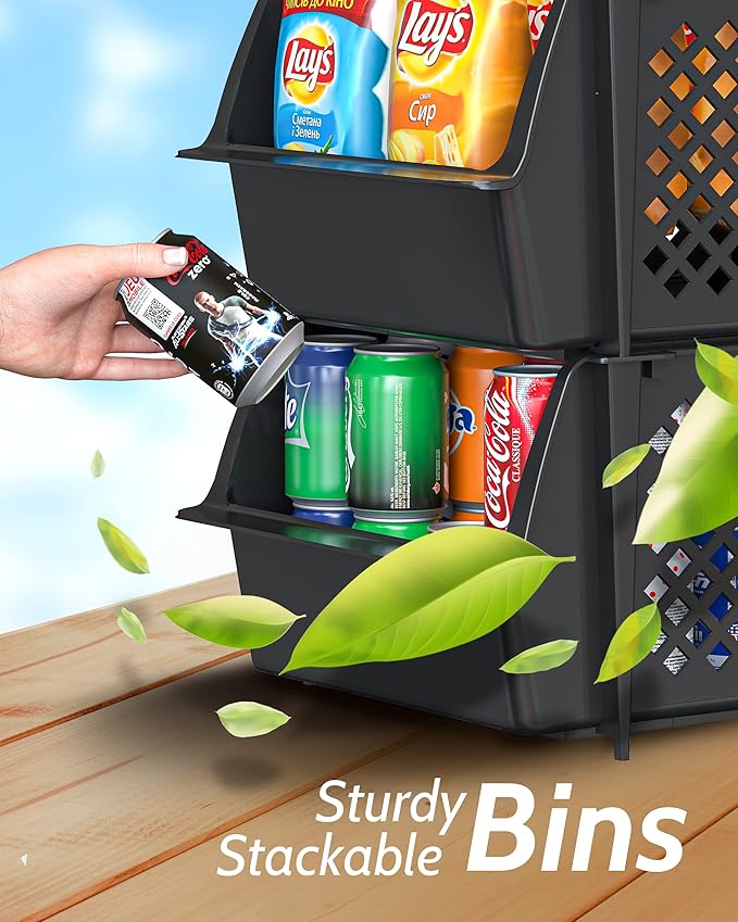 TidyFriend Stackable Storage Bins for Pantry Organizers and Storage 4 Pack, Pantry Storage for Food, Kitchen and Home Organization (Black)