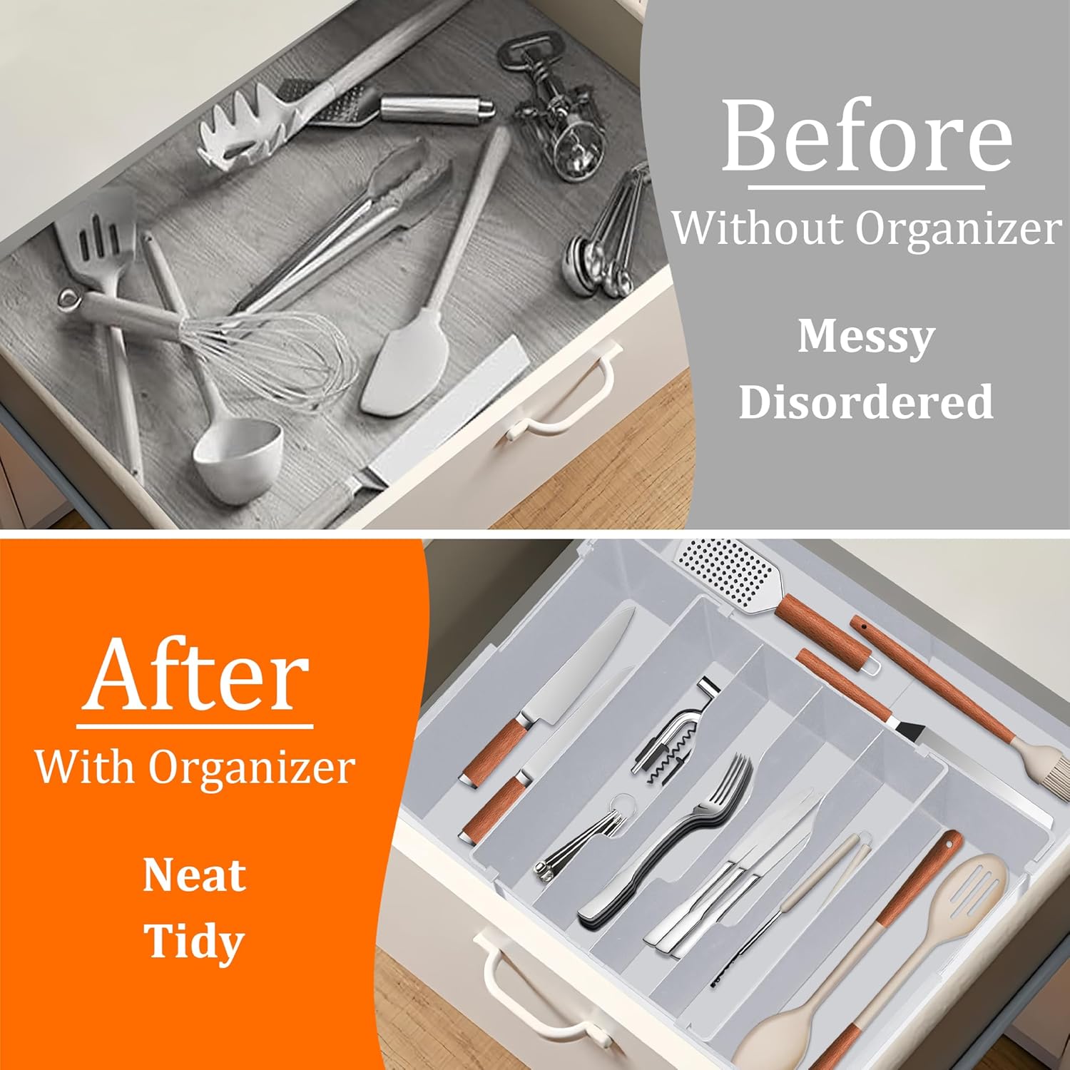 Expandable Large Silverware Organizer - BPA-Free Food-Safe Kitchen Utensil Drawer Organizer, Adjustable 4-7 Deeper Slots Cutlery Tray for Forks Knives, Kitchen Organizers and Storage Solution