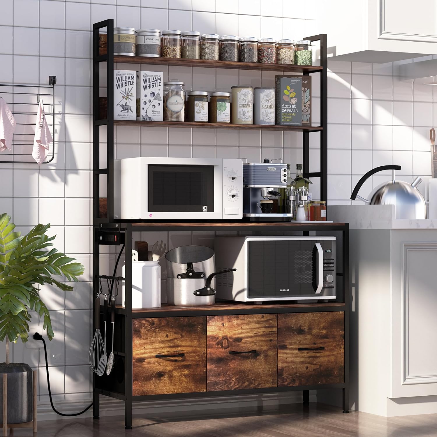 Kitchen Bakers Rack with Power Outlet,5-Tier Free Standing Storage Shelf Bakers Rack with Baskets,Industrial Microwave Oven Stand,Metal Kitchen Rack Organizer with Hooks