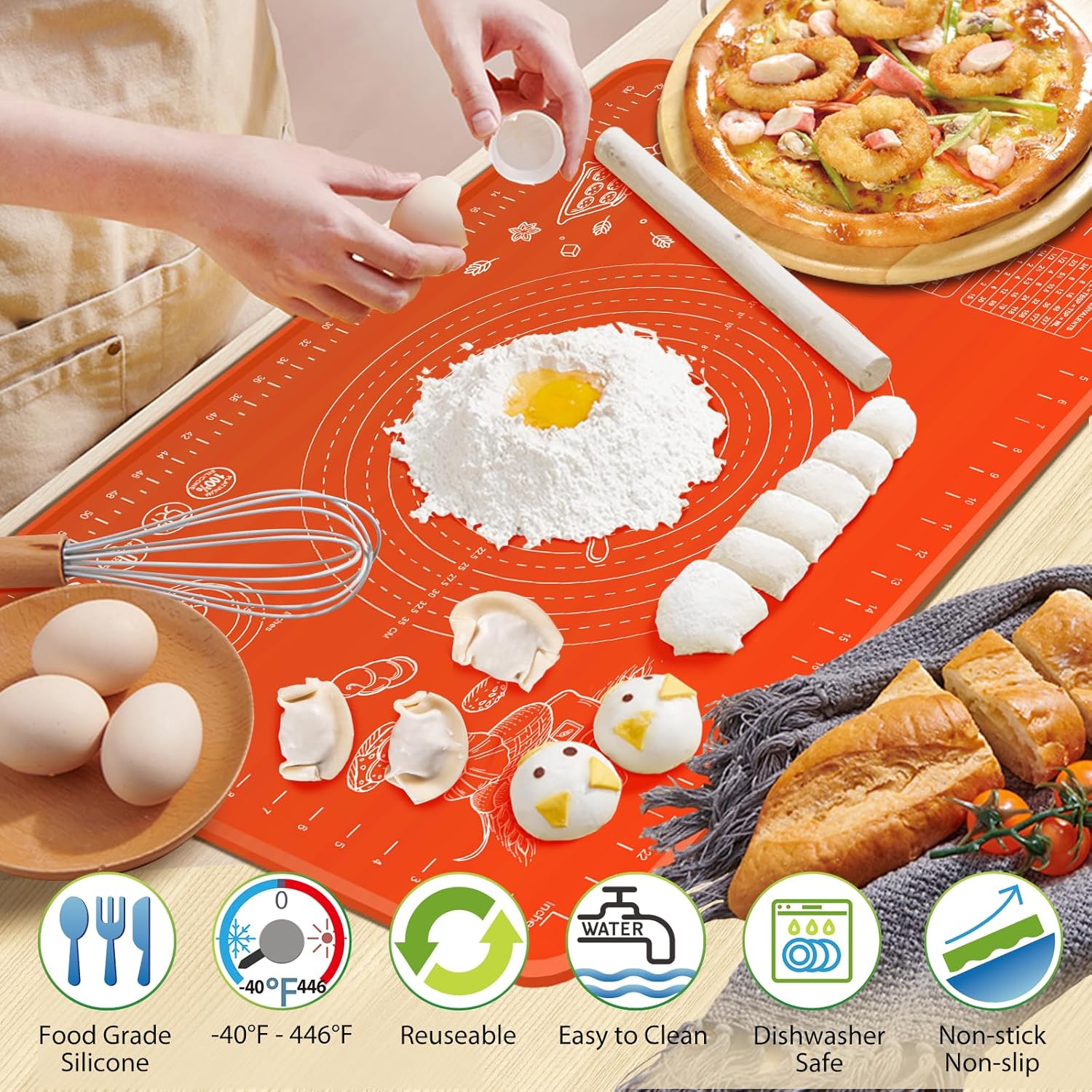 Silicone Baking Mat 28" x 20" Extra Thickness Dough Rolling Mat with Measurements and Edge Heightening, Non-stick Food Grade Silicone Pastry Mat for Pastry, Bread, Cookies, Pizza, Fondant, Pasta-Red