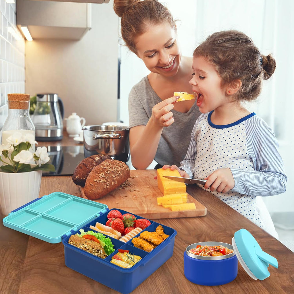 Bento Lunch Box with 8oz Soup Thermo, Kids Leakproof Lunch Food Containers with 4 Compartment, Kids Thermo Insulated Hot Food Jar for School, Trvael（Blue