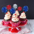 Ephlyn 30Pcs Foil Firework Cupcake Toppers Sparkle Tinsel Cupcake Picks Happy Birthday Cake Toppers Drink Cocktail Food Fruit Toothpicks for Baby Shower Birthday Party Supplies Red Silver Dark Blue