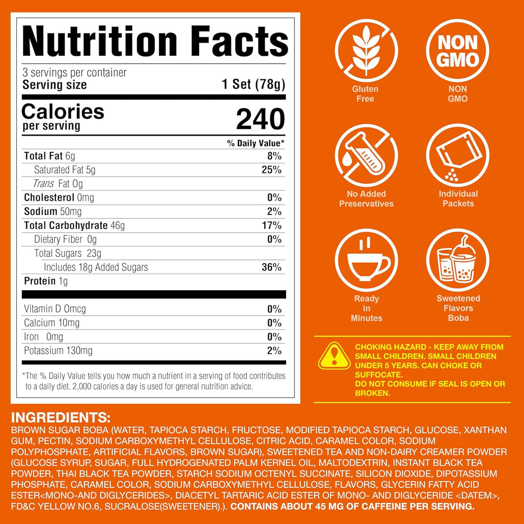 J WAY Instant Thai Milk Tea Kit with Authentic Brown Sugar Tapioca Boba, Ready in Under One Minute, Paper Straws Included - 3 Servings