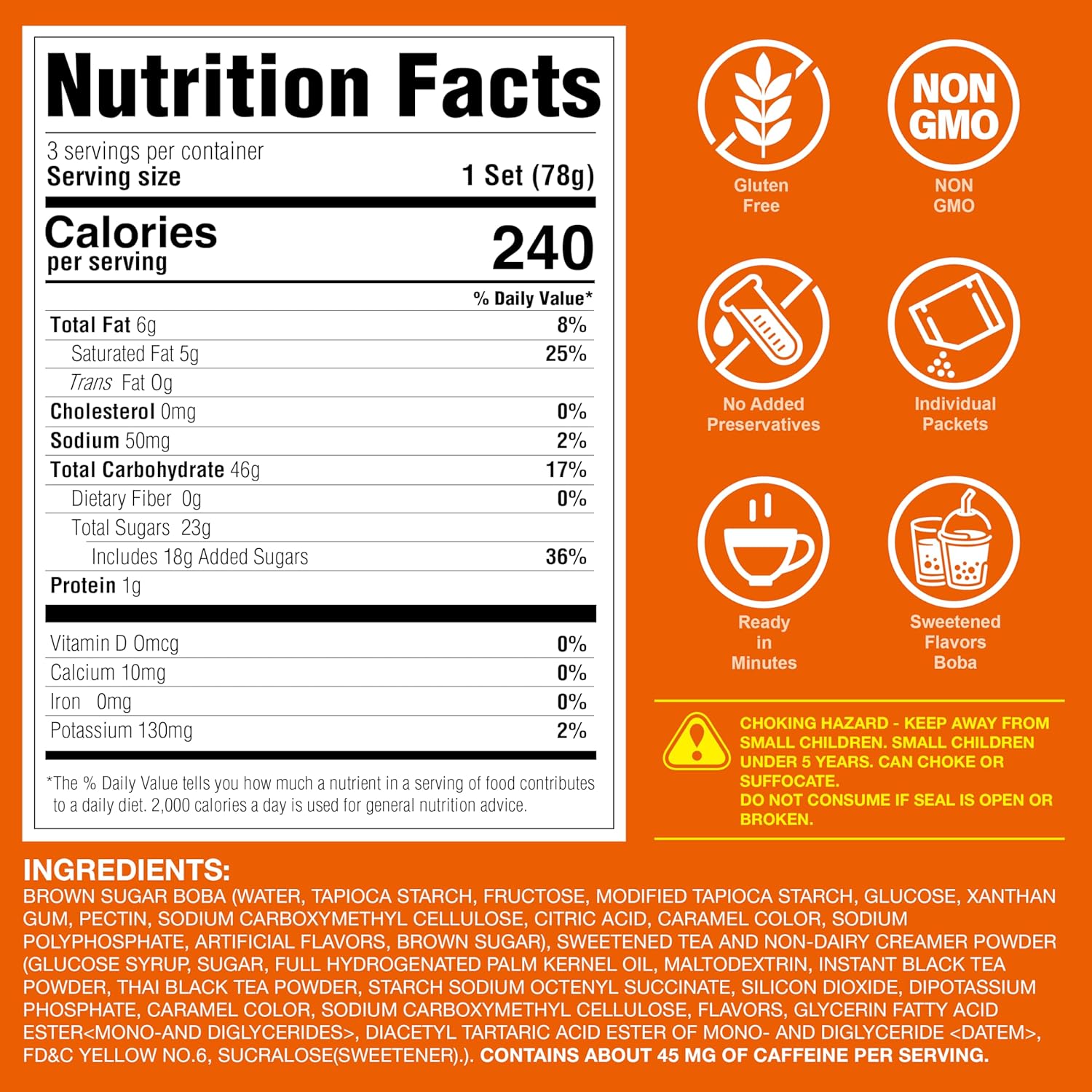 J WAY Instant Thai Milk Tea Kit with Authentic Brown Sugar Tapioca Boba, Ready in Under One Minute, Paper Straws Included - 3 Servings