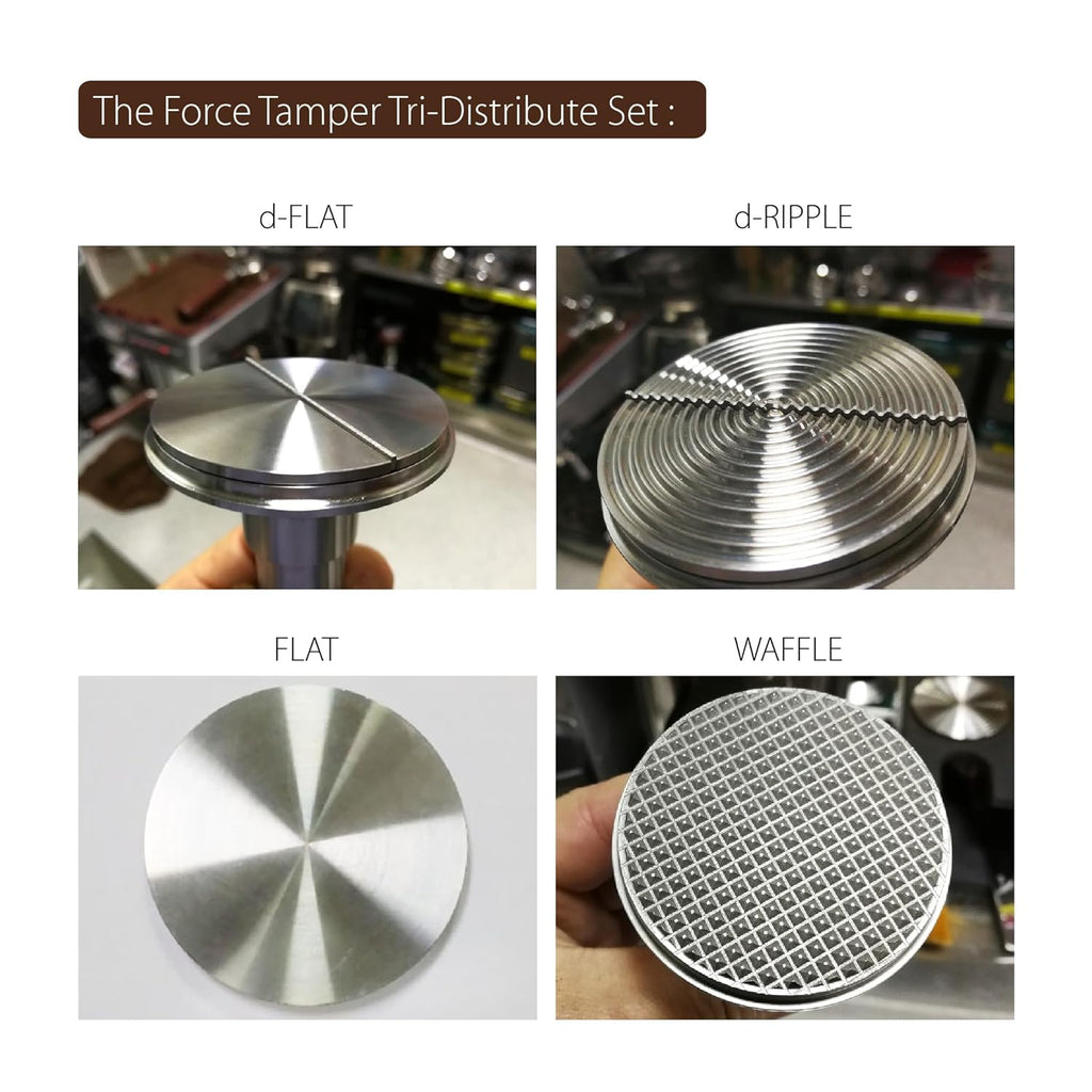 The Force Tamper Automatic Impact Adjustable Constant Pressure and Autoleveling Coffee Tamper Reddish Brown Jellyfish Wooden Handle Set Pro (TRI-Distribute Set, 58.35mm)