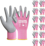 DULFINE Work Gloves for Men PU Coated 12 Pairs Bulk Pack,Pink Seamless Knit Glove with thin Polyurethane,Two Finger Touchscreen, for Men and Women, Ideal for Light Duty Work. (Medium)