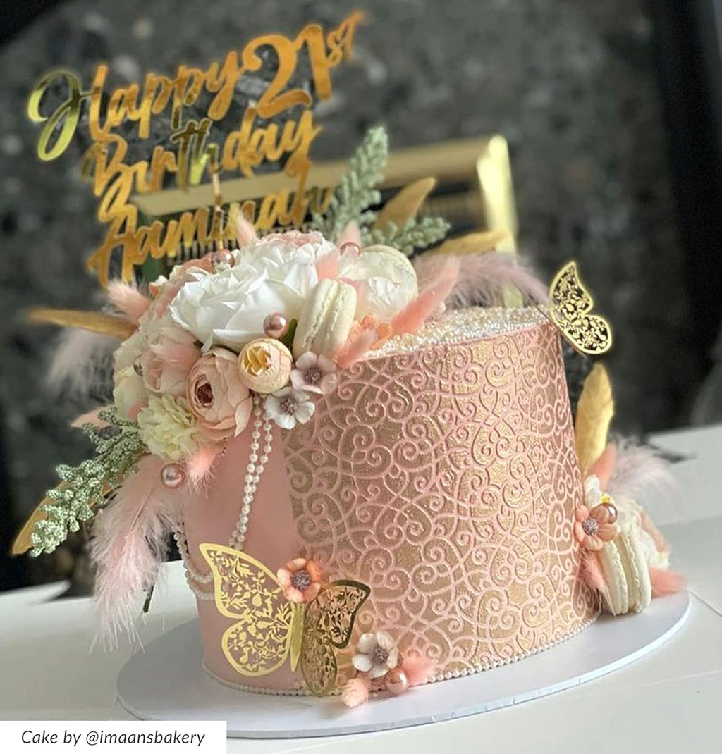 Cake Baking Stencil - Seamless Delicate Pattern for Decorating Tall Double Barrel Cake to Use with Buttercream, Royal Icing, Ganache, Paint, Airbrush (FLAIRE)