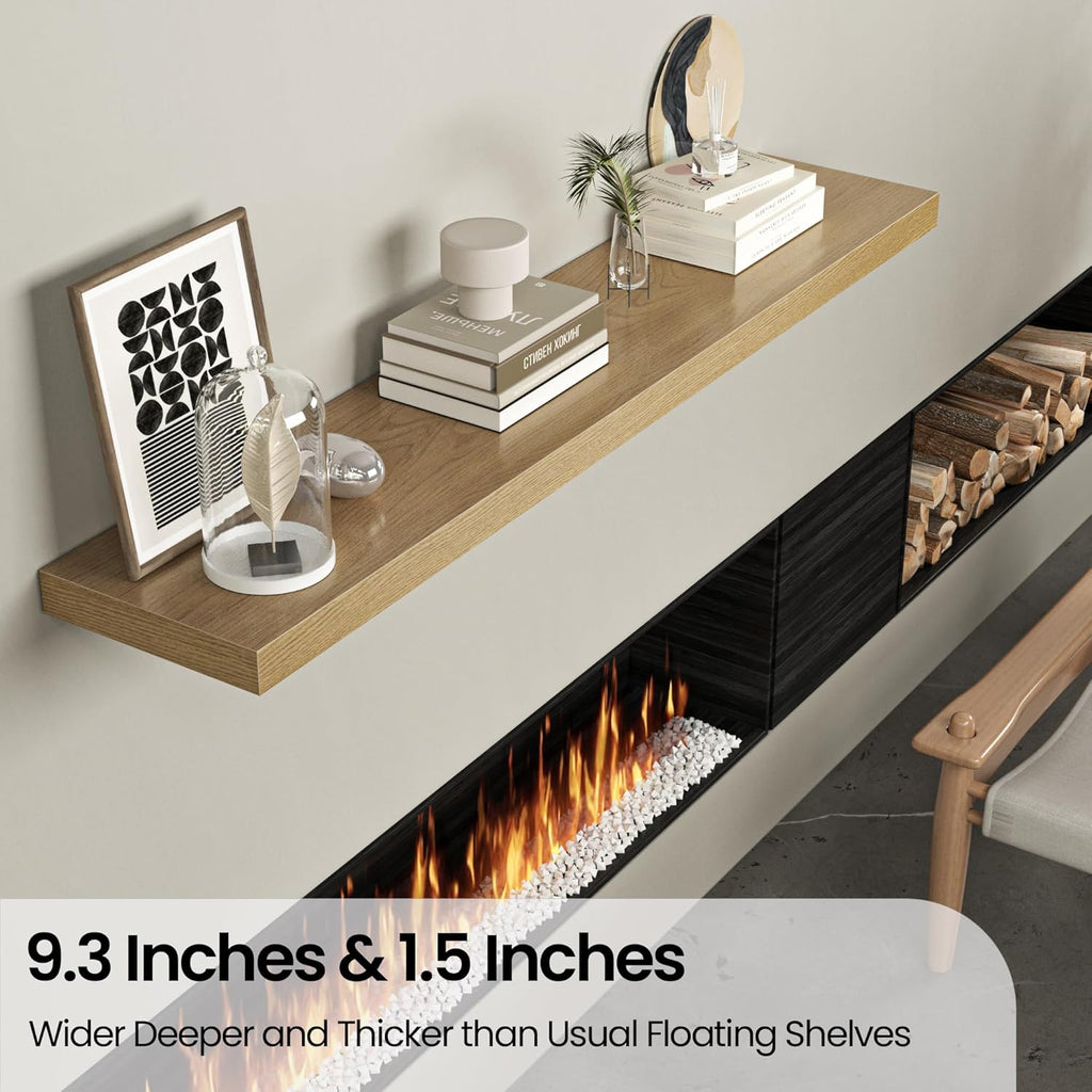 Floating Shelves for Wall, 55"W x 9.3"D x 1.5"H, Long Wooden Wall Mounted Display Shelves with Invisible Brackets for Living Room, Bedroom, Bathroom, Kitchen Decor and Storage, Set of 1, Oak
