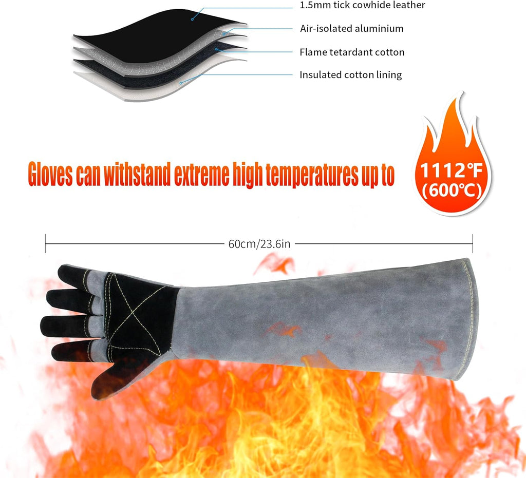 Long Welding Gloves 23.6 Inches 932℉,Heat/Fire Resistant Leather For Mig, Tig, Stick, Forge, BBQ, Grill, Fireplace
