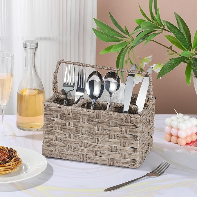 Silverware Holder for Party Plastic Utensil Holder Wicker Silverware Caddy Cutlery Holder with Handle Spoon and Fork Organizer Light Gray Utensil Caddy for Kitchen Counter