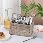 Silverware Holder for Party Plastic Utensil Holder Wicker Silverware Caddy Cutlery Holder with Handle Spoon and Fork Organizer Light Gray Utensil Caddy for Kitchen Counter