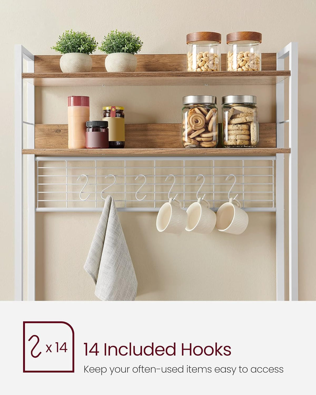 VASAGLE Hutch Bakers Rack with Power Outlet, 14 Hooks Microwave Stand, Adjustable Coffee Bar with Metal Wire Panel, Kitchen Storage Shelf, 15.7 x 31.5 x 66.9 Inches, Rustic Walnut and White UKKS025W41